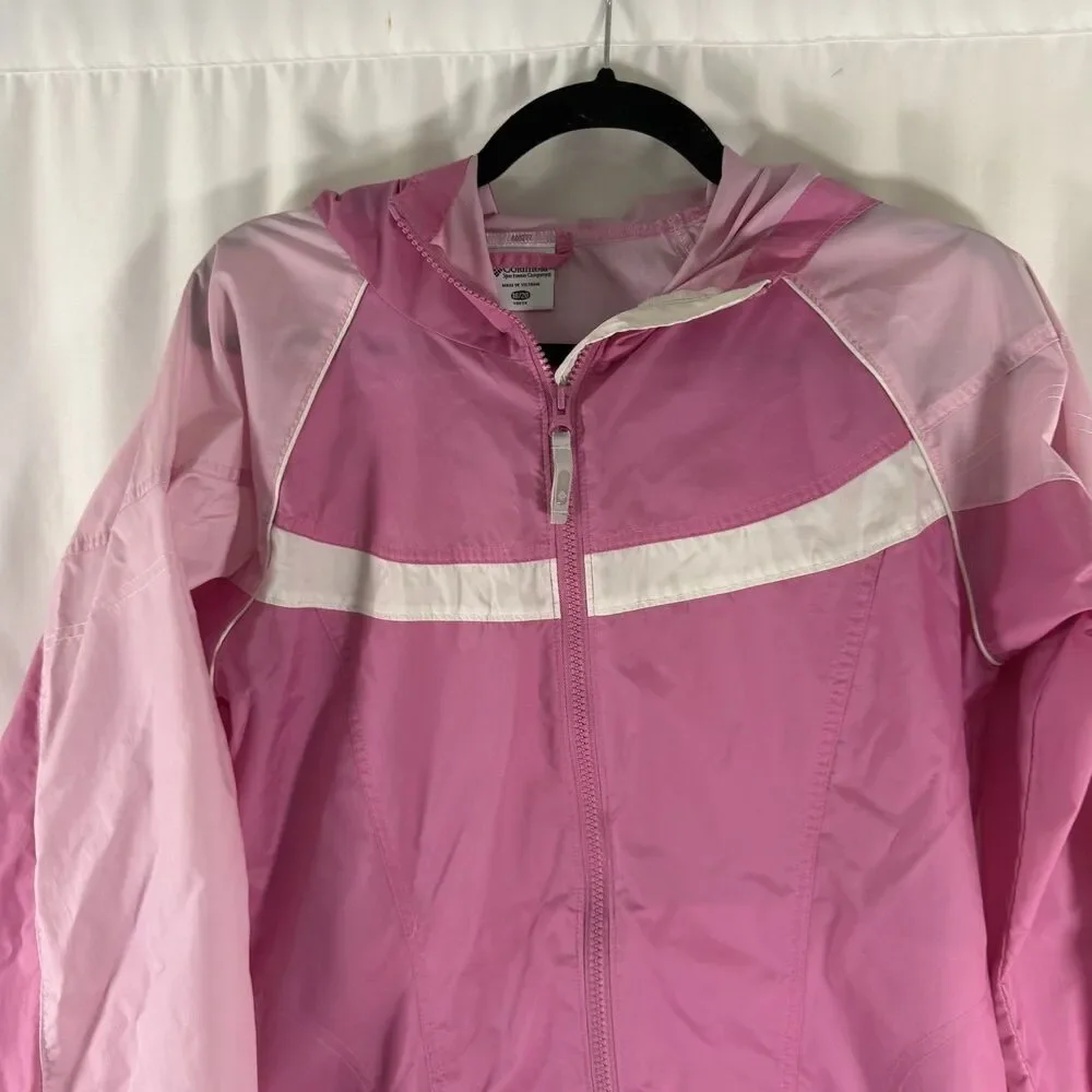 Columbia Windbreaker Jacket Girls 18/20 Pink Full Zip Hooded Pockets Nylon